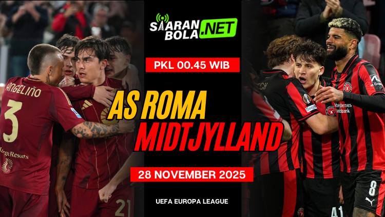 “Poster pertandingan AS Roma vs Midtjylland tanggal 28 November 2025 di UEFA Europa League dengan pemain kedua tim sedang merayakan gol.”