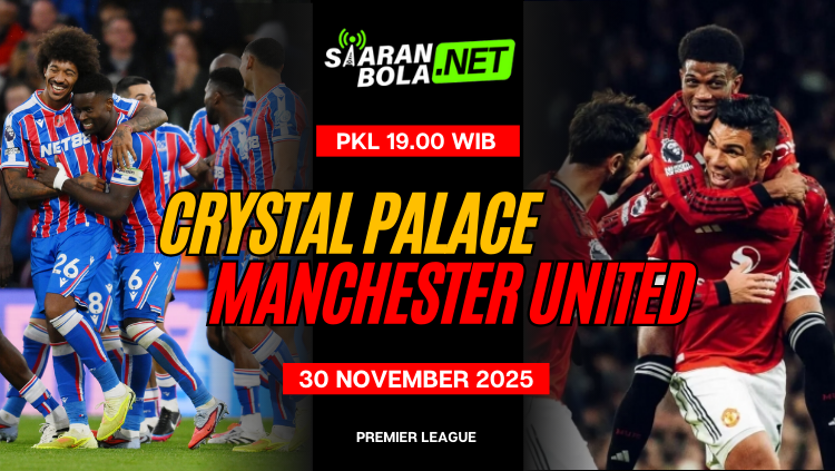 Poster pertandingan Crystal Palace vs Manchester United pada 30 November 2025 pukul 19.00 WIB dalam ajang Premier League.
