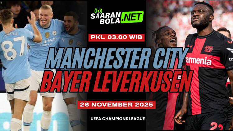 Poster pertandingan Manchester City vs Bayer Leverkusen tanggal 26 November 2025 di ajang UEFA Champions League dengan visual pemain kedua tim.