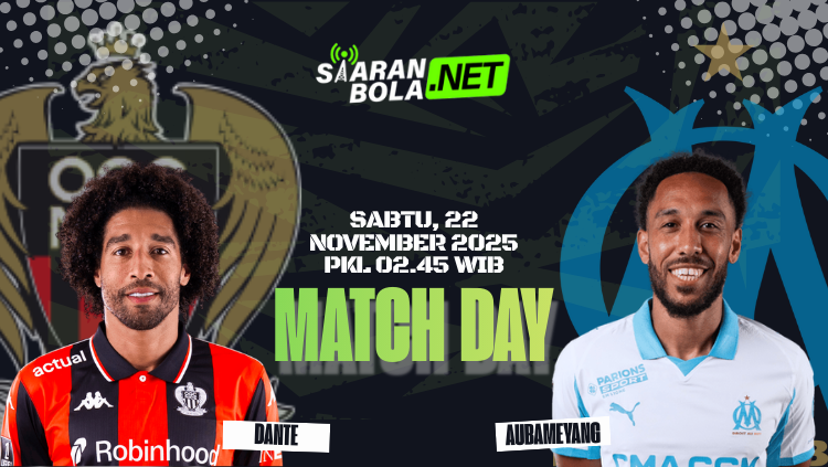 Grafis pertandingan Nice vs Marseille bertema Match Day dengan teks jadwal 22 November 2025 pukul 02.45 WIB serta elemen visual kedua tim.