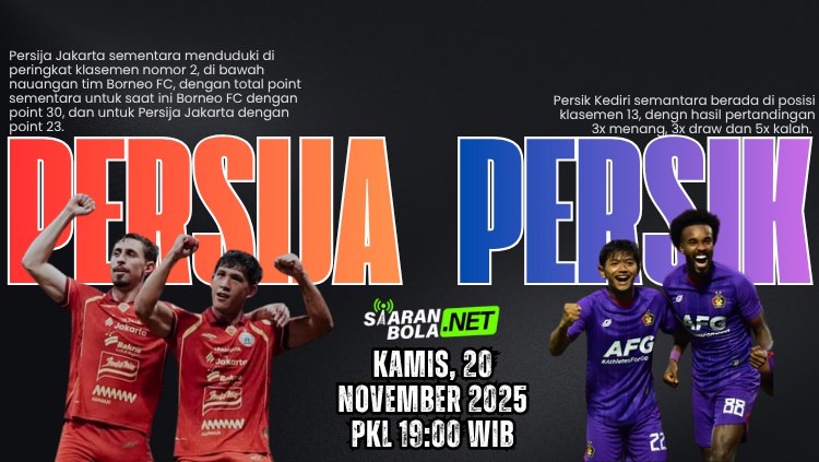 Poster pertandingan Liga 1 antara Persija vs Persik pada 20 November 2025 dengan pemain kedua tim dan informasi klasemen terbaru.