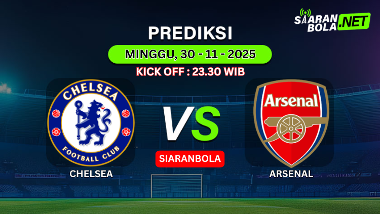 Logo dan judul grafis prediksi pertandingan Chelsea vs Arsenal pada 30 November 2025