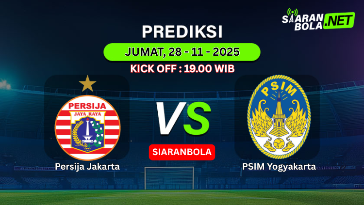 Poster prediksi pertandingan Persija Jakarta vs PSIM Yogyakarta 28 November 2025