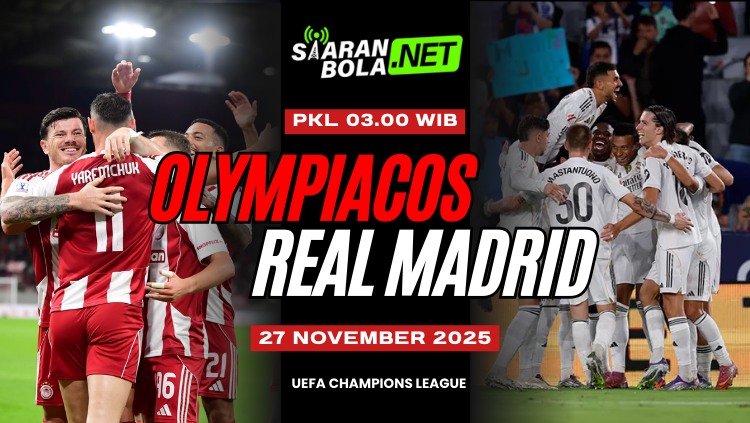Para pemain Olympiacos dan Real Madrid merayakan gol dalam sesi pertandingan, menampilkan visual promosi laga UEFA Champions League pada 27 November 2025.