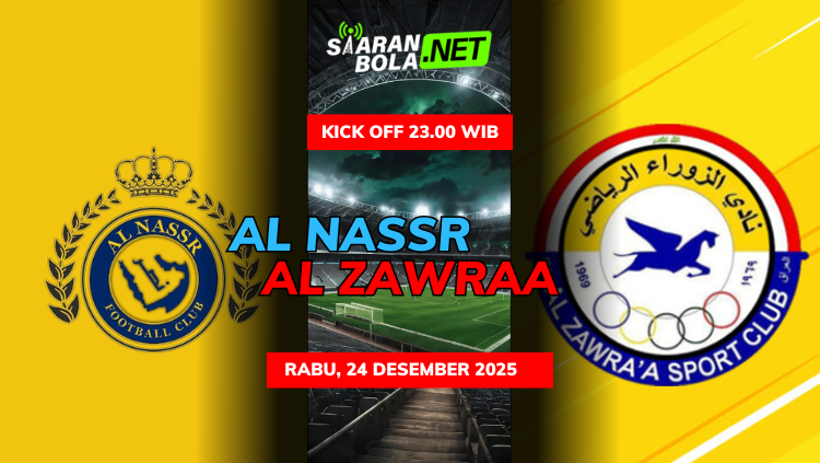 Jadwal pertandingan Al Nassr vs Al Zawraa 24 Desember 2025 kick off 23.00 WIB