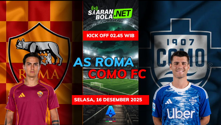 Poster pertandingan AS Roma vs Como FC Serie A Italia 16 Desember 2025 kick off 02.45 WIB