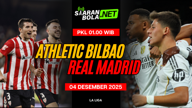 Poster laga Athletic Bilbao vs Real Madrid tanggal 4 Desember 2025 dengan visual pemain dari kedua tim dan informasi jadwal kick-off