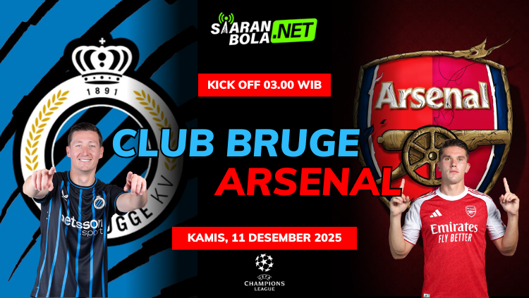 Poster pertandingan Club Brugge vs Arsenal dengan dua pemain dari masing-masing tim serta informasi jadwal kick-off Liga Champions.