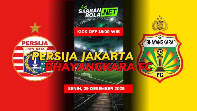 Poster pertandingan Persija Jakarta vs Bhayangkara FC dengan jadwal kick off pukul 19.00 WIB