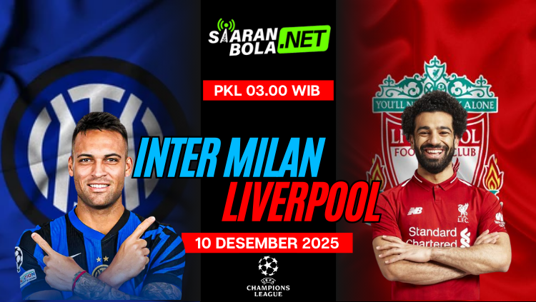 Poster pertandingan Inter Milan vs Liverpool Liga Champions 10 Desember 2025 dengan dua pemain dari masing-masing tim