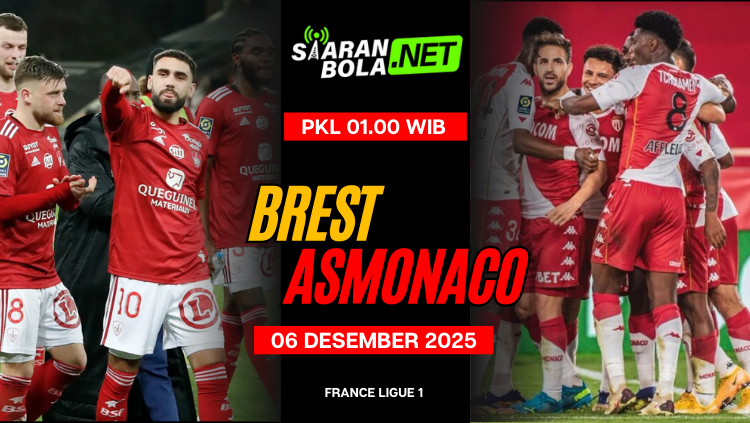 Jadwal Live Streaming Brest vs AS Monaco di Ligue 1 Prancis, 06 Desember 2025 pukul 01.00 WIB di SaranBola