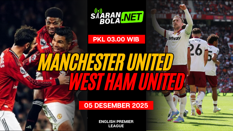 Poster laga Manchester United vs West Ham United tanggal 5 Desember 2025 dengan visual pemain dan jadwal kick-off