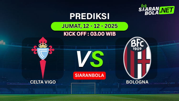Grafis prediksi SiaranSola untuk pertandingan Celta Vigo vs Bologna pada Jumat, 12 Desember 2025, kick off pukul 03.00 WIB