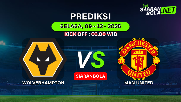 Jadwal prediksi pertandingan Manchester United 9 Desember 2025 kick off 03.00 WIB dan logo siaran bola.