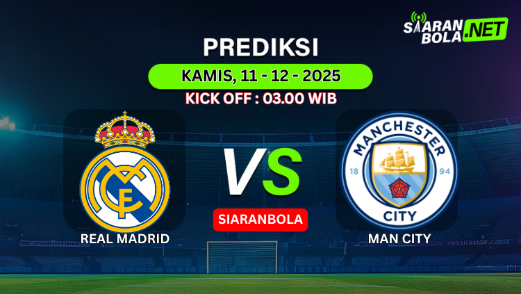 Grafis prediksi SiaranBola untuk pertandingan Manchester City (MAN CITY) pada Kamis, 11 Desember 2025, kick off pukul 03.00 WIB, dengan logo VS dan branding SiaranBola.