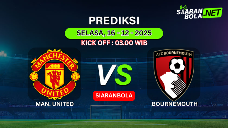 Ilustrasi grafis prediksi pertandingan Manchester United vs AFC Bournemouth, 16 Desember 2025, dengan logo kedua klub dan informasi kick off 03.00 WIB.