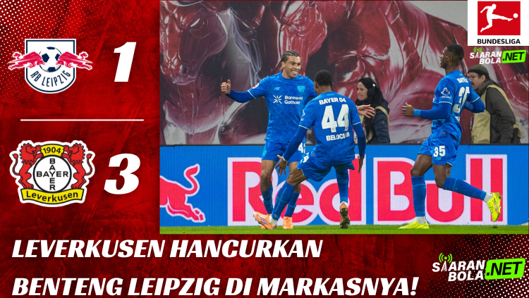 Para pemain Bayer Leverkusen merayakan gol di depan suporter RB Leipzig di Red Bull Arena, dalam kemenangan 3-1 yang penting. - siaranbola.net