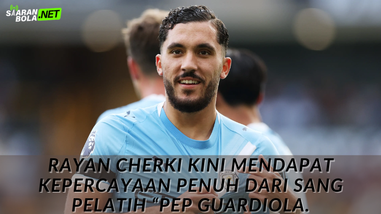 Rayan Cherki Manchester City merayakan gol atas Nottingham Forest di Premier League dengan pelatih Pep Guardiola di latar belakang. - siaranbola.net