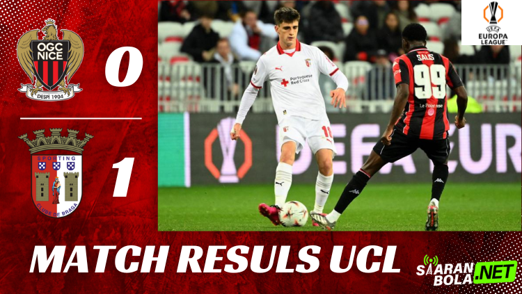 Papan skor grafis hasil akhir pertandingan Liga Europa: OGC Nice 0 kalah dari Sporting Braga 1. Disertai logo Liga Europa dan pranala siaranbola.