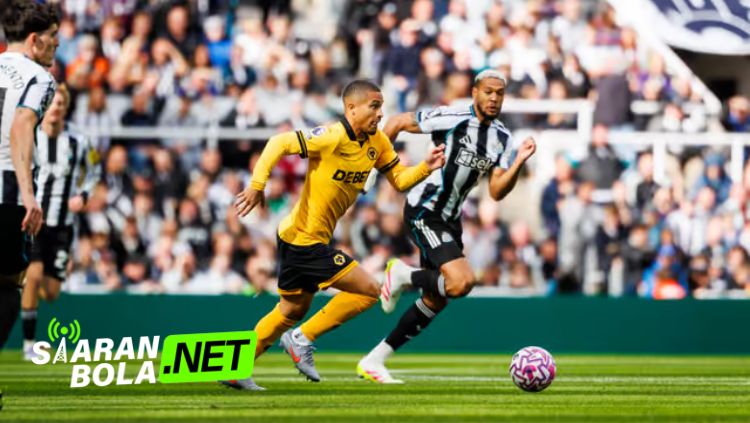 Pemain Wolves berbaju kuning sedang menggiring bola dikejar pemain Newcastle United dalam laga Premier League, terdapat logo SIARANBOLA .NET di pojok kiri bawah.