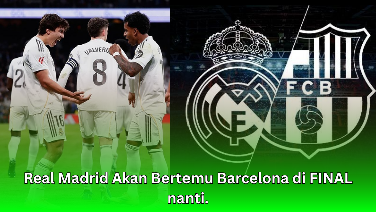 Pemain Real Madrid merayakan kemenangan dengan latar logo Real Madrid dan Barcelona menjelang final El Clásico