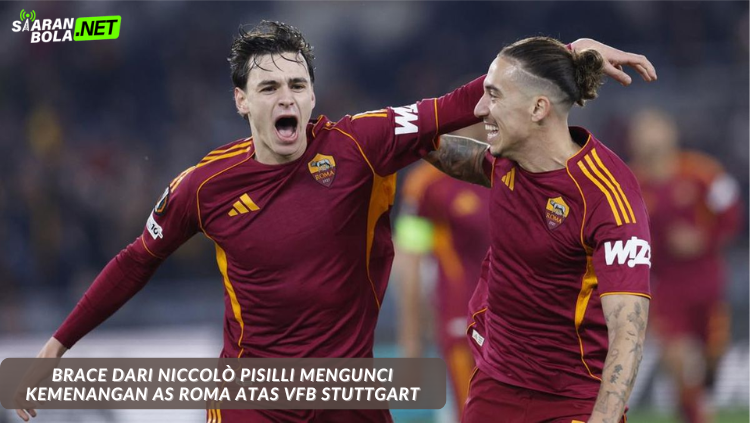 Niccolò Pisilli merayakan gol keduanya yang mengunci kemenangan AS Roma 2-0 atas VfB Stuttgart di Liga Europa.