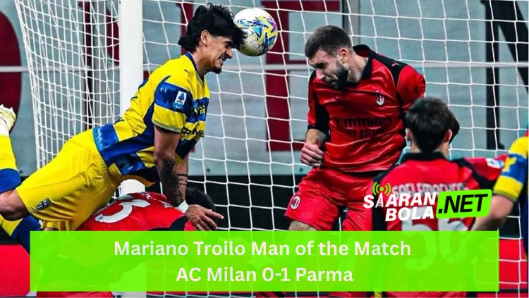 Aksi Mariano Troilo, pemain Parma berjersey kuning biru, sedang melakukan duel udara menyundul bola di depan gawang AC Milan; tampak pemain Milan berjersey merah hitam berusaha menghalau di depan jaring gawang; terdapat logo SIARANBOLA.NET hijau di pojok kanan bawah dan teks "Mariano Troilo Man of the Match AC Milan 0-1 Parma" pada bilah hijau terang di bagian bawah.