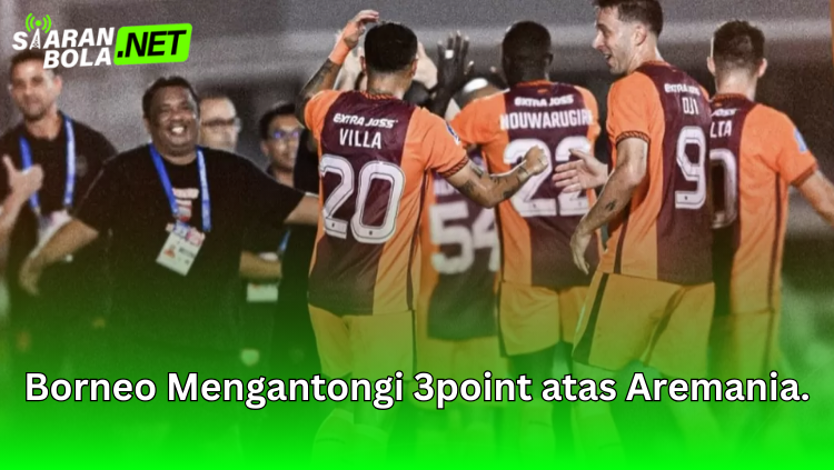 Pemain Borneo FC merayakan kemenangan setelah mengalahkan Arema FC di pertandingan Liga 1 Indonesia