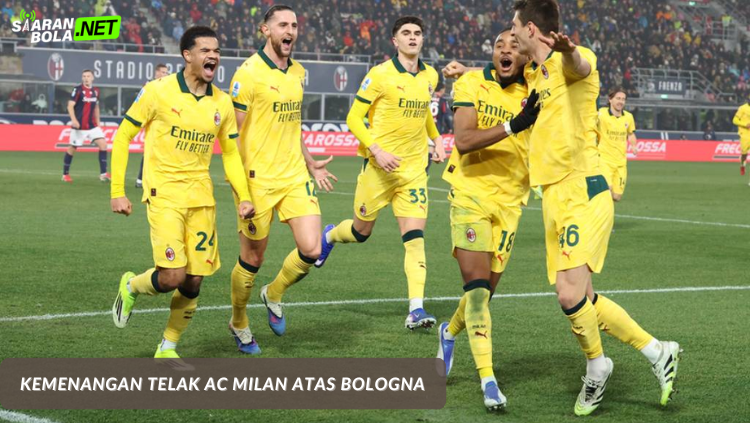 Infografis tabel statistik pertandingan Serie A antara AC Milan melawan Bologna yang berakhir 3-0, menampilkan data penguasaan bola, tembakan, dan pelanggaran.