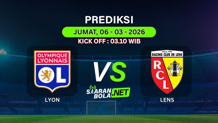 Poster prediksi pertandingan Olympique Lyon vs RC Lens pada 6 Maret 2026 pukul 03.10 WIB di stadion sepak bola.