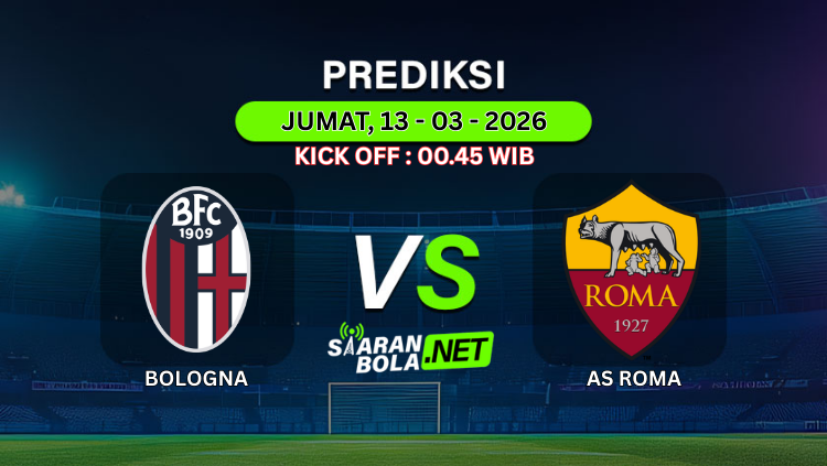 Poster prediksi pertandingan Bologna vs AS Roma Jumat 13 Maret 2026 pukul 00.45 WIB dengan logo kedua tim di stadion sepak bola.
