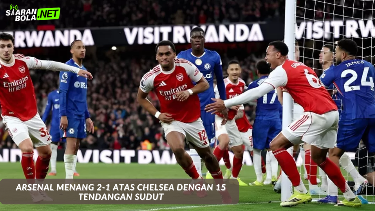 Pemain Arsenal merayakan gol setelah memanfaatkan sepak pojok dalam laga Premier League melawan Chelsea, 15 tendangan sudut tercipta dalam laga ini.