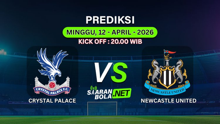 Banner prediksi pertandingan Crystal Palace vs Newcastle United hari Minggu 12 April 2026 pukul 20.00 WIB di stadion dengan latar lampu sorot