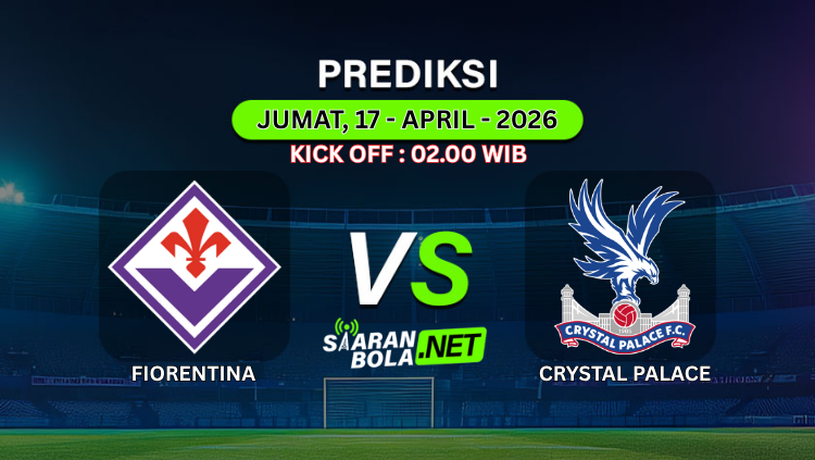 Banner prediksi pertandingan ACF Fiorentina vs Crystal Palace F.C. pada 17 April 2026 pukul 02.00 WIB dengan latar stadion malam hari