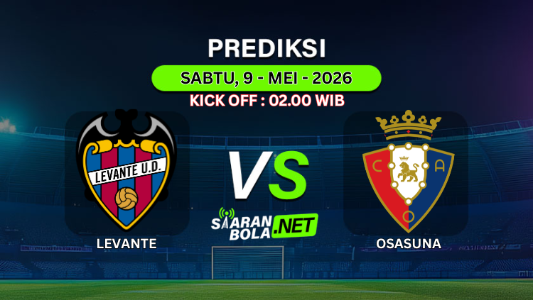 Poster pertandingan Levante vs Osasuna pada Sabtu, 9 Mei 2026 pukul 02.00 WIB dengan desain Skor Bola 365.