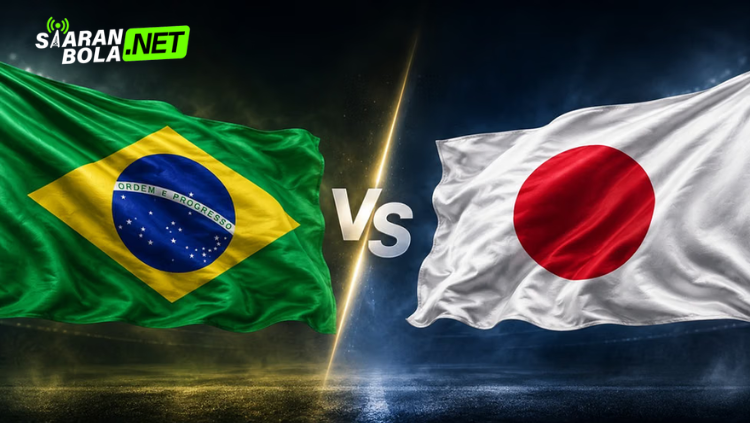 Poster pertandingan Brasil vs Jepang Piala Dunia FIFA 2026 menampilkan Vinícius Júnior mengenakan jersey Timnas Brasil dan pemain Timnas Jepang dengan logo FIFA World Cup 2026 di tengah.
