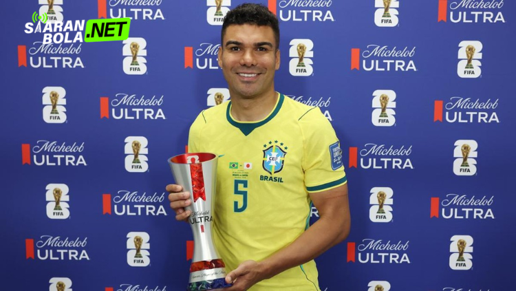 Casemiro merayakan gol penyeimbangnya ke gawang Jepang di Piala Dunia 2026. Foto selebrasi Man of The Match Brasil vs Jepang ini diabadikan di Houston Stadium. Simak ulasan lengkapnya di siaranbola.