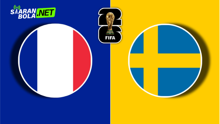 Poster pertandingan Prancis vs Swedia Piala Dunia 2026 menampilkan logo Federasi Sepak Bola Prancis (FFF) dan Federasi Sepak Bola Swedia (SvFF) dengan latar bendera kedua negara.