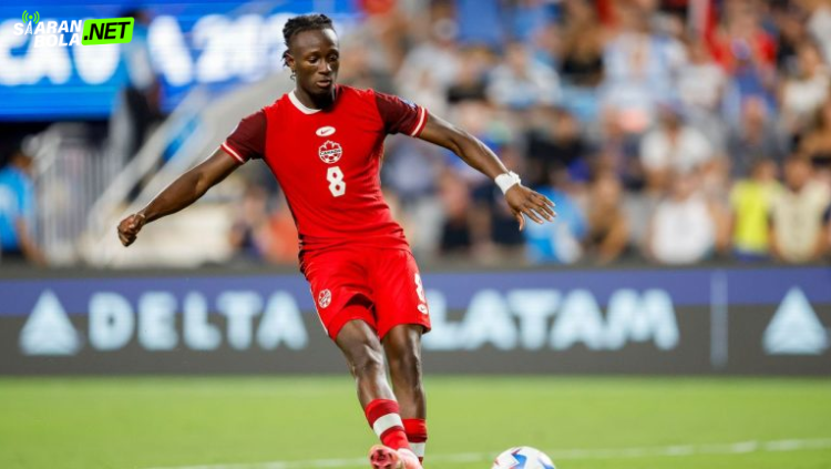 Pemain Ismael Kone merayakan gol sebagai Man of the Match versi siaranbola di laga Kanada vs Bosnia