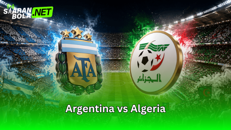 Poster pertandingan Argentina vs Aljazair pada FIFA World Cup 2026 yang menampilkan bendera kedua negara dalam format pertandingan fase grup.
