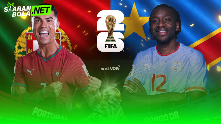 Poster pertandingan Portugal vs DR Congo menampilkan bendera kedua negara dengan latar tema FIFA dan branding Komunitas Bola.