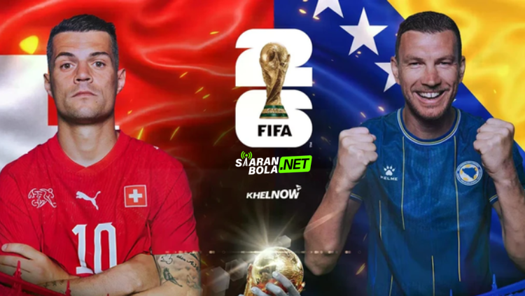 Poster pertandingan Swiss vs Bosnia pada Piala Dunia FIFA 2026 menampilkan pemain kedua tim dengan latar stadion dan warna bendera nasional masing-masing.