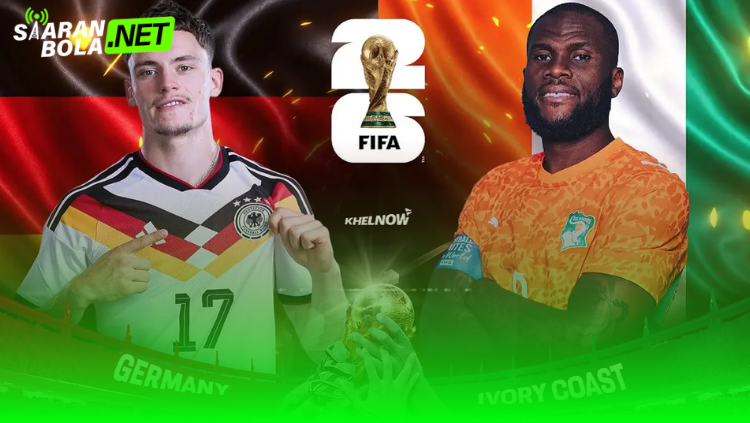 Poster pertandingan Jerman vs Pantai Gading menampilkan Kai Havertz dan Amad Diallo dengan trofi FIFA di tengah serta latar bendera kedua negara.