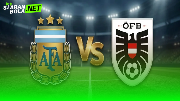 Poster pertandingan Argentina vs Austria di Grup J FIFA World Cup 2026 dengan bendera kedua negara pada latar turnamen Piala Dunia.