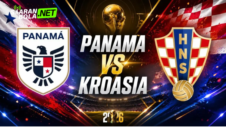 Poster pertandingan Panama vs Kroasia FIFA World Cup 2026 menampilkan logo federasi sepak bola Panama dan Kroasia dengan trofi Piala Dunia FIFA di tengah.