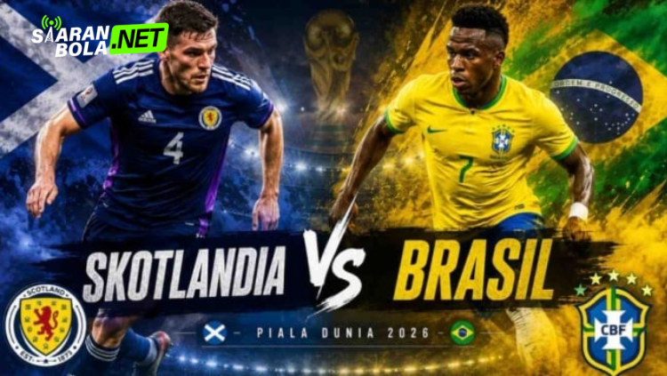 Poster pertandingan Skotlandia vs Brasil FIFA World Cup 2026 menampilkan pemain tim nasional Skotlandia dan Brasil dengan latar bendera kedua negara.