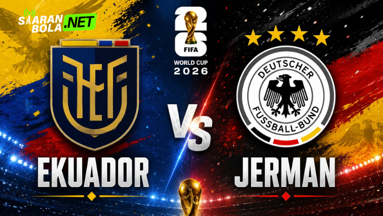 Poster pertandingan Ekuador vs Jerman di Piala Dunia FIFA 2026 dengan logo kedua tim nasional dan trofi FIFA di tengah.