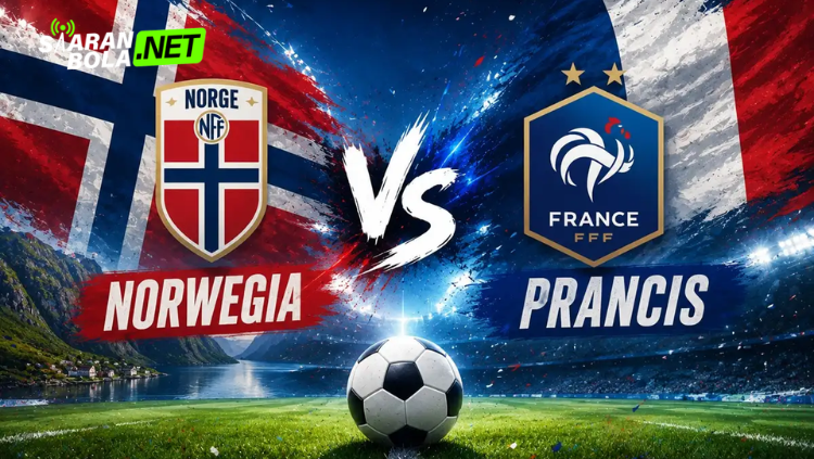Poster pertandingan Norwegia vs Prancis Piala Dunia 2026 menampilkan Erling Haaland dan Kylian Mbappé sebagai pemain utama dengan logo FIFA World Cup 2026.