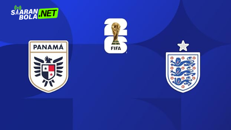 Poster pertandingan Panama vs Inggris Piala Dunia FIFA 2026 menampilkan logo Federasi Sepak Bola Panama dan lambang Timnas Inggris dengan latar bendera kedua negara.