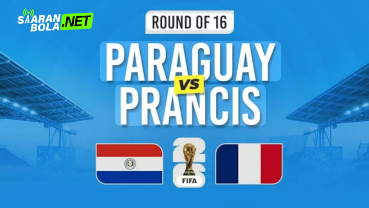 Poster pertandingan Paraguay vs Prancis babak 16 besar Round of 16 Piala Dunia FIFA menampilkan bendera kedua negara dan logo trofi FIFA.